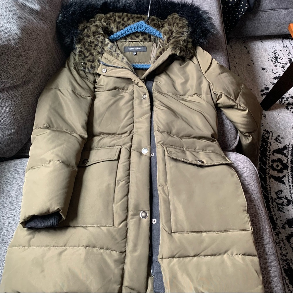 Kenneth Cole Puffer Jacket with Faux Fir Hood Lining and Cheetah Print Detail